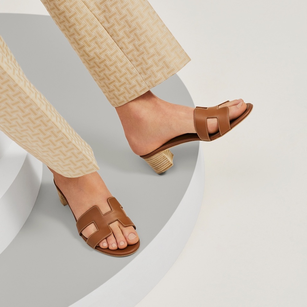 Hermes Brown Gold Oasis Oran "H" Cut Out Sandals Shoes